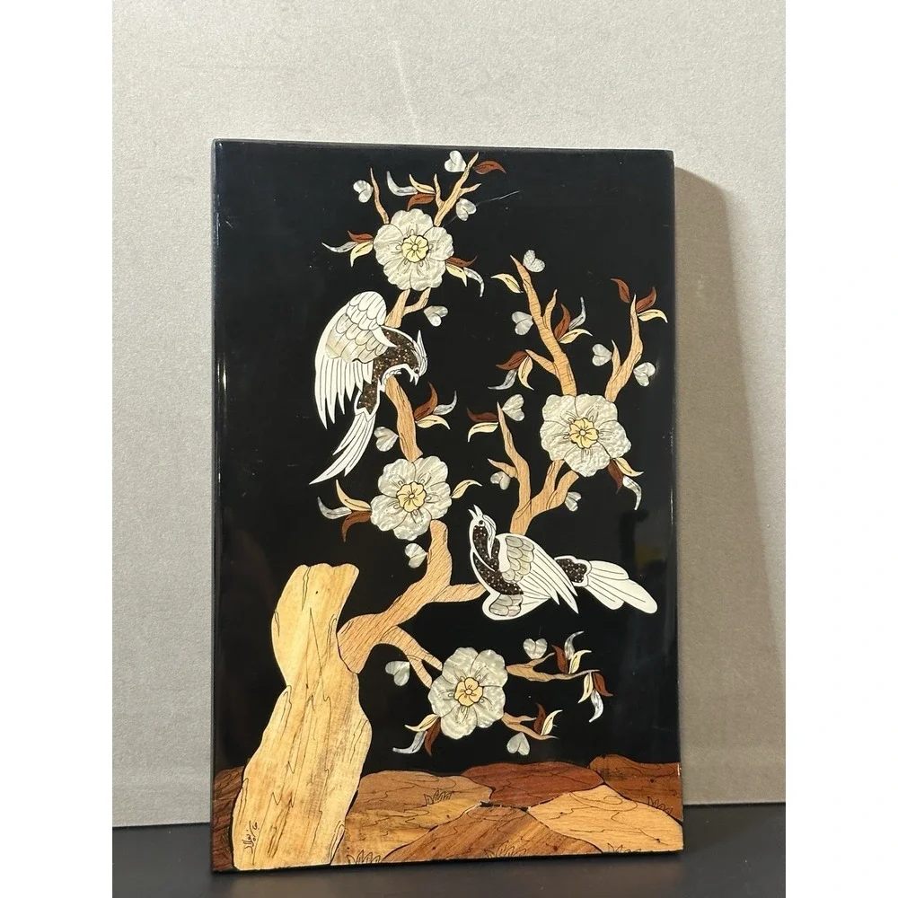 wall décor Signed mother of pearl and‎ wood inlaid picture of birds